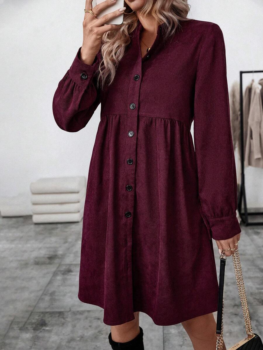 SHEIN LUNE Women's Corduroy Shirt Dress - Burgundy - View 1