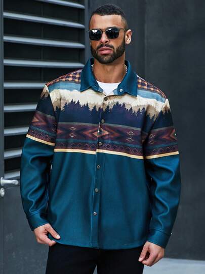 Manfinity Homme Men'S Plus Size Geometric Print Short Sleeve Casual Shacket