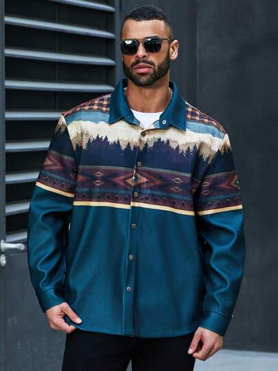 Manfinity Homme Men'S Plus Size Geometric Print Short Sleeve Casual Shacket