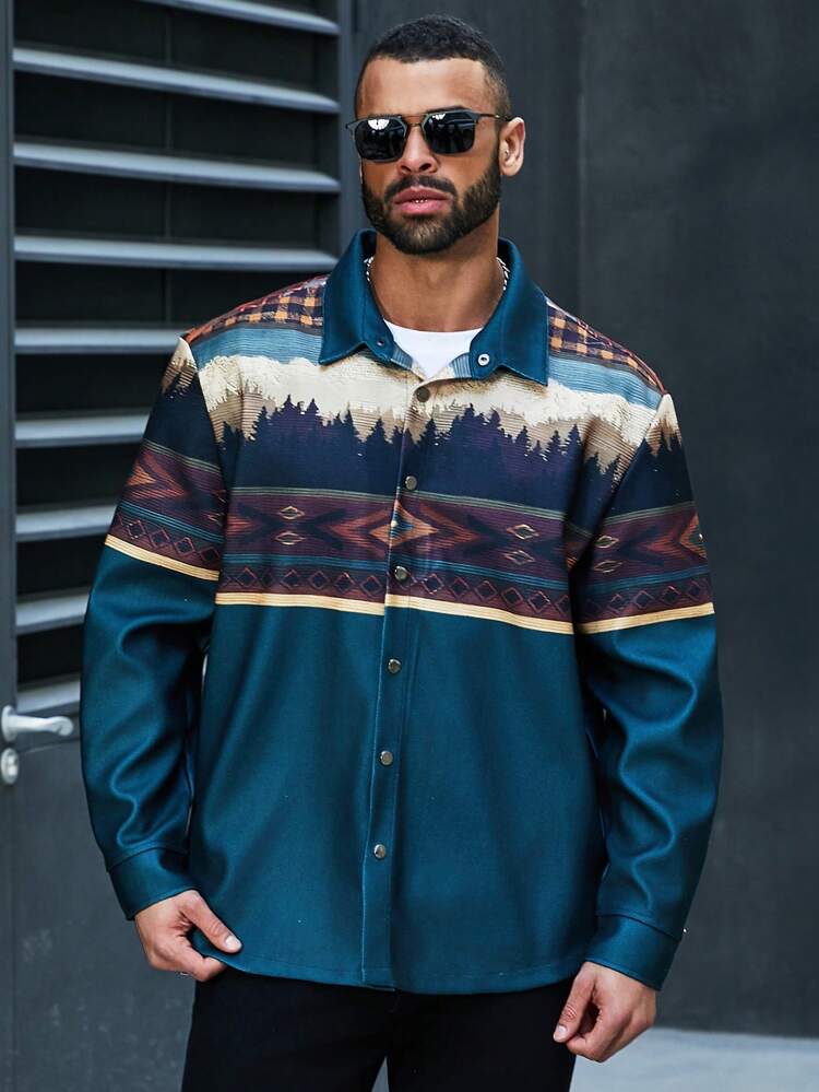 Men'S Plus Size Geometric Print Short Sleeve Casual Shacket