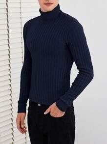 SHEIN Cottnline Men's Solid Color Turtleneck Sweater - Royal Blue - View 6