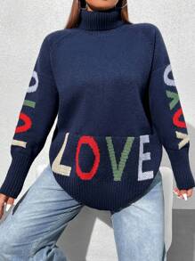 SHEIN EZwear Plus Size High Neck Love Pattern Sweater - Navy Blue - View 4