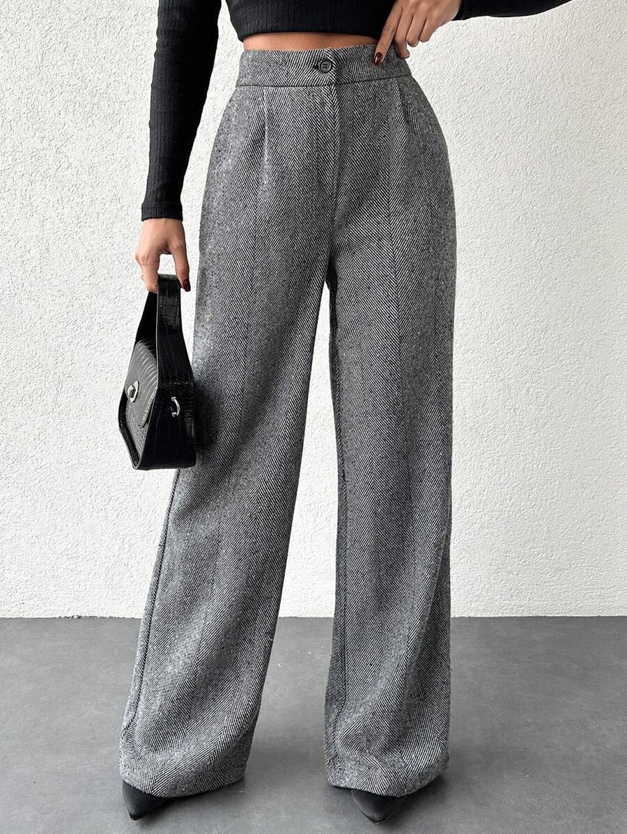 EURMUSE Women's Herringbone Suit Pants - Black and White - View 1