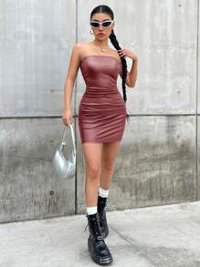 SHEIN ICON Strapless Faux Leather Dress - Red - View 4