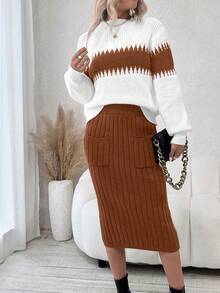 SHEIN Frenchy 顏色拼接長袖毛衣和針織裙,帶雙口袋,2入套裝 - 棕色 - 查看 5
