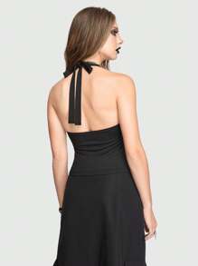 ROMWE Skull & Hand Print Metal Buckled Halterneck Tight Tank Top For Sexy Punk Gothic Style - Black - View 3