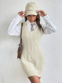 SHEIN Unity 撞色邊v領無袖針織連身裙 - 米色 - 查看 6