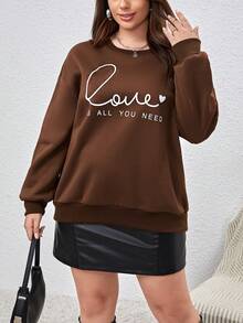 SHEIN Essnce Women'S Plus Size Drop Shoulder Sweatshirt With Slogan Print - Coffee Brown - View 7