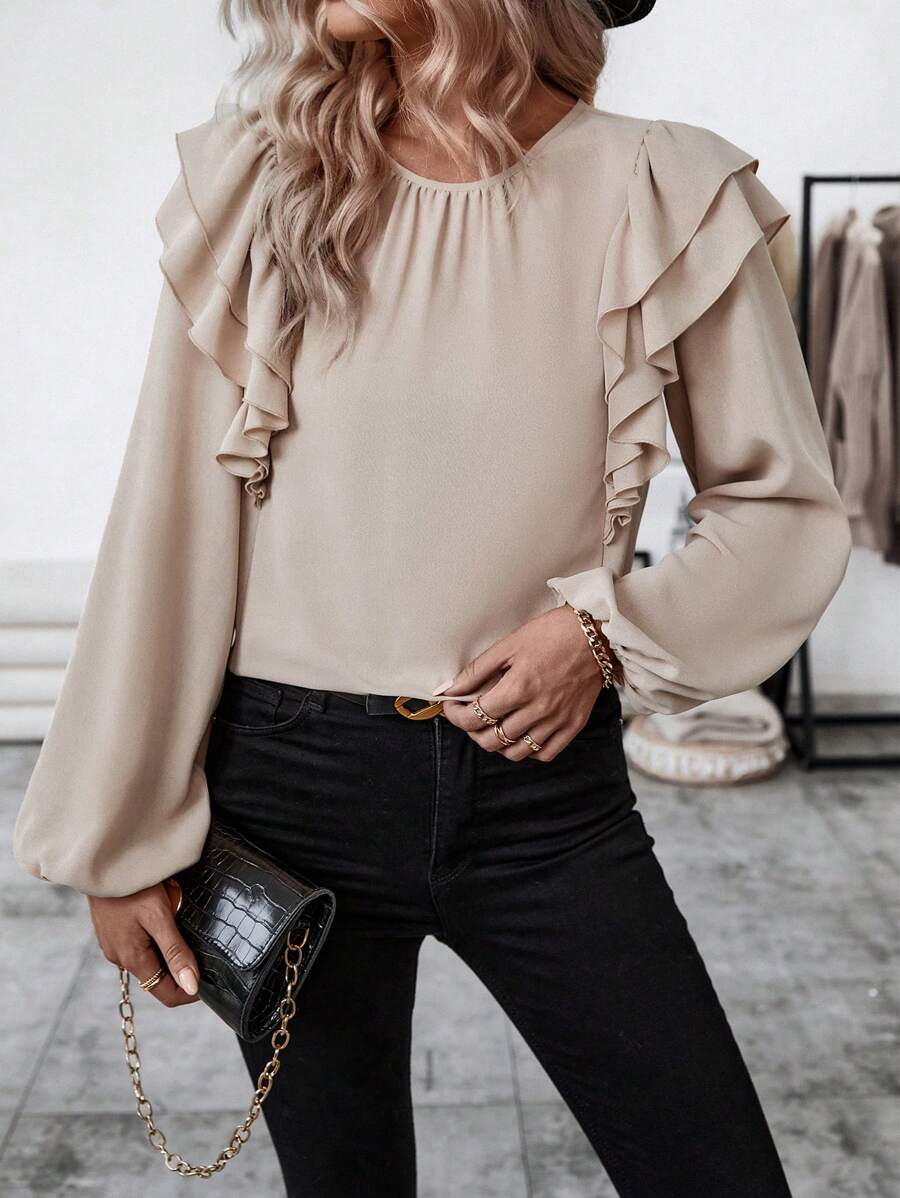 SHEIN Clasi 女式荷葉袖襯衫,下擺有褶邊 - 杏色 - 查看 1