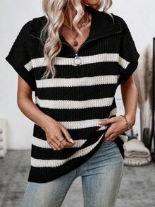 SHEIN LUNE Women'S Striped Half Zipper Knit Top - Multicolor - View 3