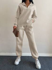 EURMUSE Women's Half Zipper Pullover Hoodie And Sweatpants Set - Apricot - View 4