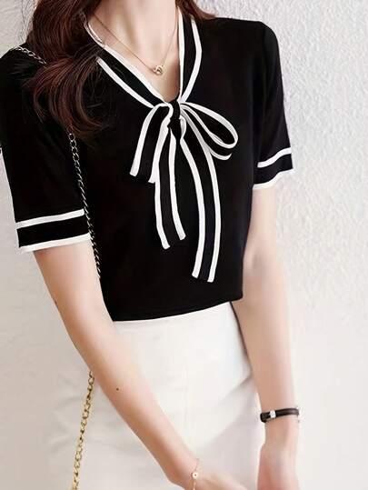 Casual Contrast Color Trim Knot Collar Short Sleeve Knit Top, Spring/Summer Black