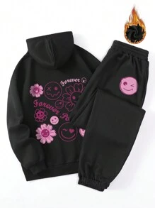 SHEIN EZwear Cartoon And Text Print Hooded Casual Thermal Lined Two-Piece Set - Black - View 1