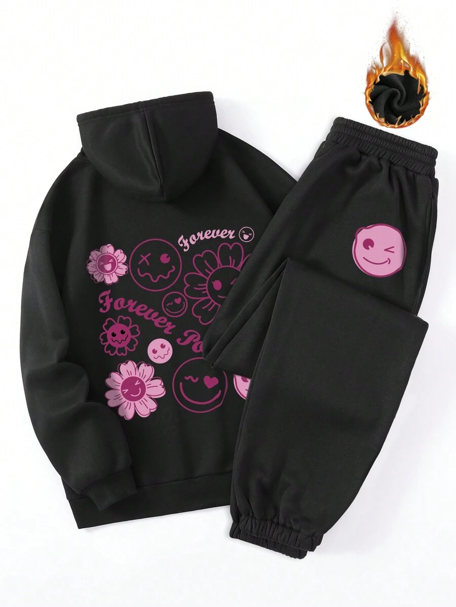 SHEIN EZwear Cartoon And Text Print Hooded Casual Thermal Lined Two-Piece Set - Black - View 1