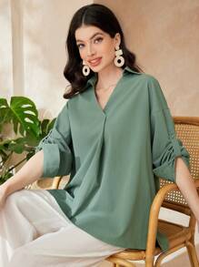 Seusyu 女士捲袖襯衫 - 綠色 - 查看 3