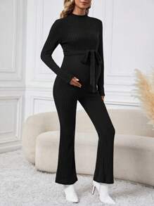 SHEIN Maternity Stand Collar Jumpsuit With Belted Waist And Ribbed Detail - Black - View 5