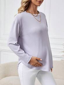 SHEIN 弧形下擺孕婦純色落肩 T 卹 - 紫色 - 查看 5