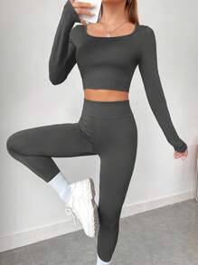 SHEIN LUNE Ladies' Solid Color Crop Tee With Large Round Neck & Leggings Two Piece Set - Dark Grey - View 4