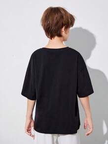 SHEIN Tween Boy Loose Fit Round Neck Short Sleeve T-Shirt With Letter Print - Black - View 3