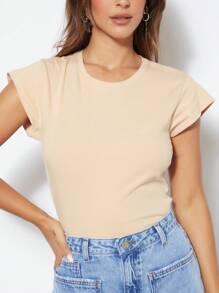 SHEIN Blusa básica lisa de malha com manga curta feminina em algodão - Bege - Visão 1