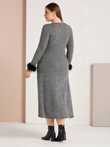 Mulvari Plus Size Women'S Patchwork Sleeve Cuff Round Neck Dress - Grey - View 3