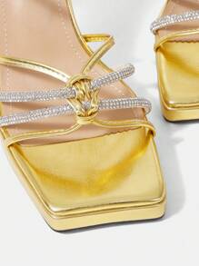 Women's Fashionable Gold Color Square Toe Chunky High Heeled Shoes - Gold - View 5