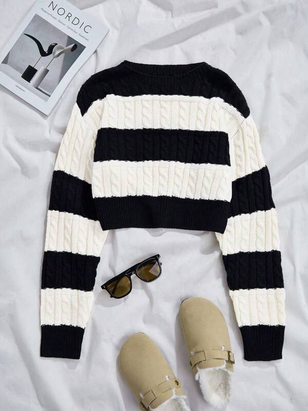 Franclia Cable Knit Colorblock Round Neck Sweater,Long Sleeve Tops Knit Pullover Fall Winter Outfit