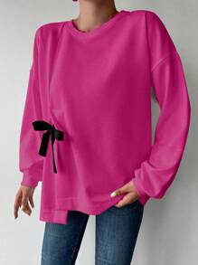 Cottnline Knot Front Drop Shoulder Asymmetrical Hem Sweatshirt - Pink - View 3