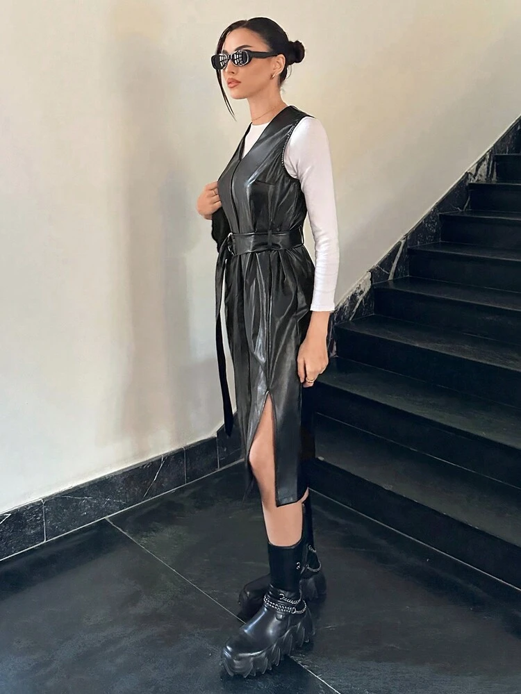 Women'S Pu Leather Split Hem With Belted Dress