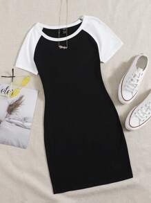 SHEIN EZwear Colorblock Raglan Sleeve Bodycon Dress - Black and White - View 6