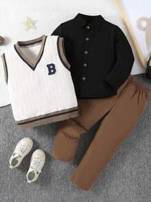 SHEIN Young Boy 3pcs/Set Long Sleeve Shirt, Striped Trim V-Neck Vest, And Pants Outfit