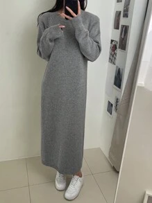 DAZY 女款純色圓領毛衣連身裙 - 灰色 - 查看 2