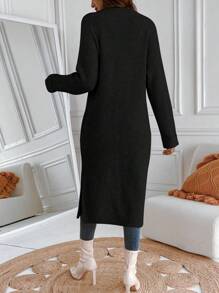 SHEIN Essnce 女士下垂肩純色針織開衫 - 黑色 - 查看 2