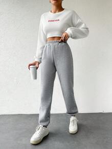 RueChic Solid Elastic Waist Sweatpants - Grey - View 3