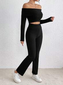 SHEIN PETITE 女款露肩羅紋長袖上衣和褲子套裝 - 黑色 - 查看 5