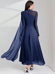 Modelyn Mesh Splicing Long Sleeve Dress Long Evening Dresses - Navy Blue - View 2