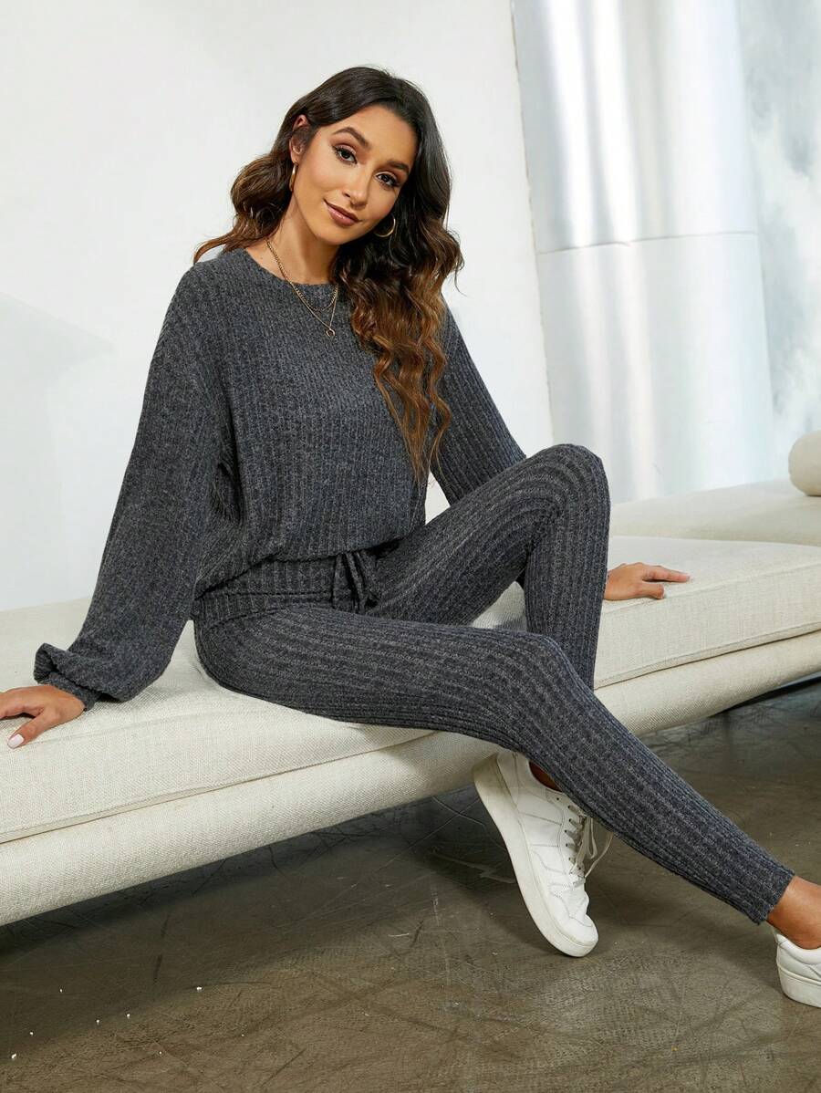 Drop Shoulder Tee & Knot Front Leggings - Grey - View 1