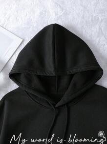 SHEIN EZwear 女士加大码标语印花抽绳卫衣，带保暖内衬 - 黑色 - 查看 7