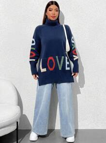 SHEIN EZwear Plus Size High Neck Love Pattern Sweater - Navy Blue - View 5