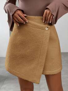 SHEIN Privé 毛茸茸的交叉包裙 - 卡其色 - 查看 5