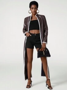 MALEEHA Casaco PU Casual de Negócios do Designer, Desfiado e Sem Costas, Para Férias, Férias, Saída, Primavera, Festival, Ibiza