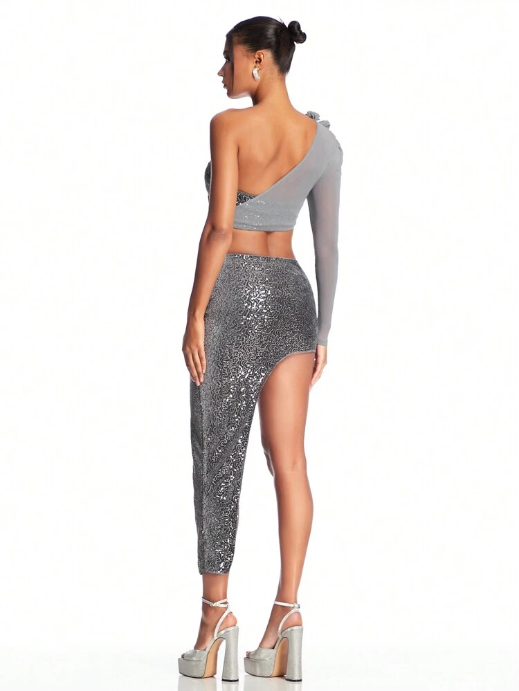 Sequin Patchwork 3d Flower Cropped Top With Asymmetrical Hem Skirt Set