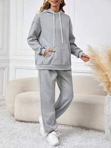 SHEIN Thai sản Màu thuần áo có mũ Giải trí Bộ Với Vòng eo có thể điều chỉnh - Màu Xám nhạt - Xem 5