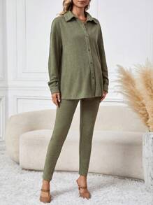 SHEIN Thai sản Dài Áo Và Vòng eo có thể điều chỉnh Đáy Hai chiếc Bộ - màu xanh lá - Xem 4