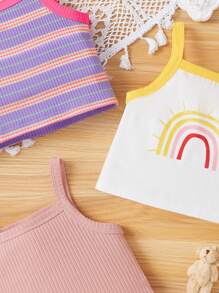 SHEIN Baby Girls' Rainbow Pattern Striped Tank Top Set, 3pcs - Multicolor - View 5
