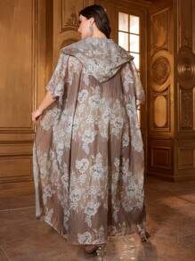 Al Najma 大碼花卉印花外套和露背連衣裙套裝 - 卡其色 - 查看 2
