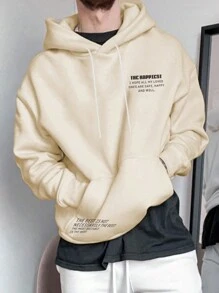 Manfinity Homme Nam Kích thước lớn Slogan In Dây rút áo có mũ Lông cừu Áo nỉ - Màu Khaki - Xem 3