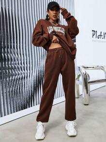 SHEIN Unity Bộ thời trang Lá thư Thể thao - Màu nâu Sô-cô-la - Xem 3