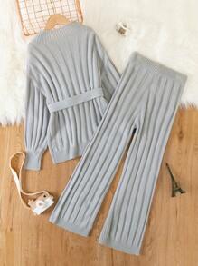 SHEIN Tween Girl Drop Shoulder Belted Sweater & Knit Pants