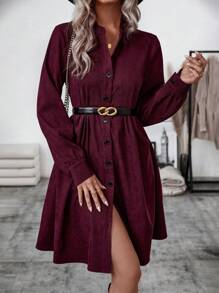 SHEIN LUNE Women's Corduroy Shirt Dress - Burgundy - View 7